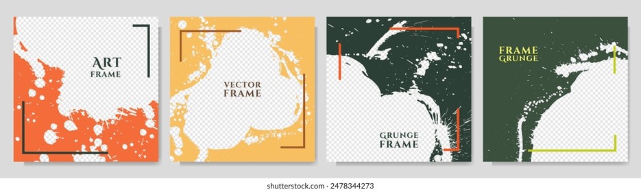 Vector illustration. Hand drawn abstract color frame set. Ink brush strokes mess. Design element for social media, web template, blog post. Paint splatter. Square size overlay with geometric frame