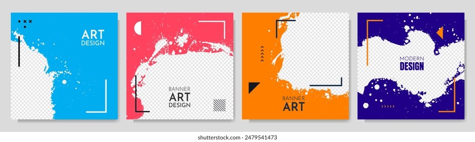 Vector illustration. Hand drawn abstract color paint frame set. Ink brush strokes and splashes mess. Design for web banner, social media, blog post, square photo frame. Retro paint splatter