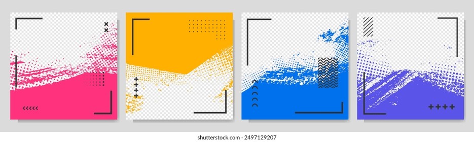 Ilustración vectorial. Conjunto de marco de color abstracto dibujado a mano con Elementos geométricos. Las pinceladas de tinta se mezclan con puntos semitonos. Diseño para Plantilla de redes sociales, portada, superposición de Fotografía, Anuncio de Web.