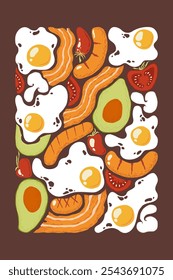 Vector illustration with hand drawn abstract fried eggs, bacon, sausages, tomatoes, mushrooms, avocados isolated on brown background. Food cooking illustration set for poster print, card, menu