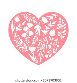 Vector illustration with hand drawn abstract flowers and plants composition in pink heart shape isolated on white background. Valentines Day floral design for card print, poster, invitation