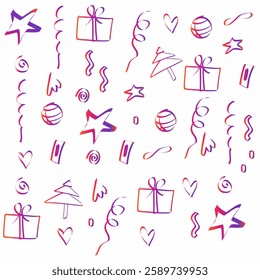 vector illustration of hand drawn abstract shapes of Christmas tree, gifts, balls, ribbons, spirals, stars, hearts colored orange red purple gradient on white background
