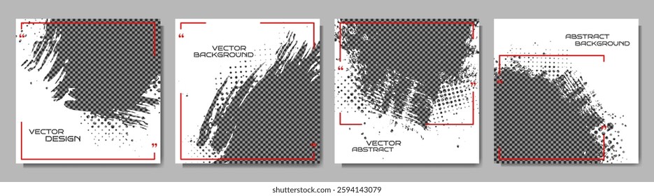 Vector illustration. Hand drawn abstract white color frame set. Ink brush strokes mess with halftone dotted texture. Design for social media template, cover, photography overlay, web banner