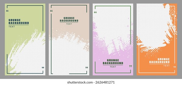 Vector illustration. Hand drawn abstract pastel color frame set. Ink brush strokes mess with halftone dotted texture. Vertical design element for flyer, voucher, coupon, leaflet, social media template
