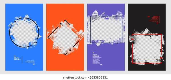 Vector illustration. Hand drawn abstract color overlay set with linear frame. Ink brush strokes mess. Design elements for flyer, leaflet, voucher, vertical background. Paint splatter and halftone dots