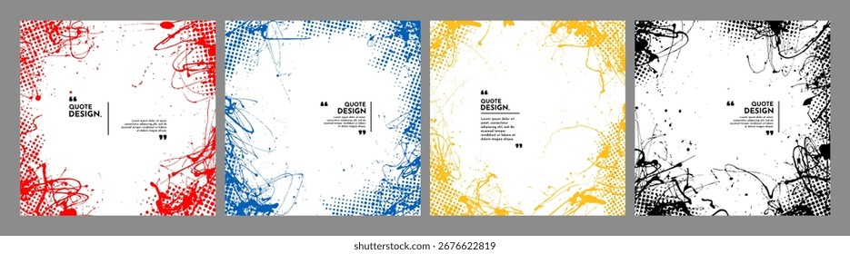 Vector illustration. Hand drawn abstract background set. Liquid paint splashes and halftone dots. Design elements for web banner, social media template, blog post. Ink splatter. Modern art graphic
