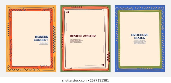 Ilustración vectorial. Conjunto de marco abstracto dibujado a mano. Formas Doodle. Diseño para cartel, invitación, Tarjeta de regalo, volante, Cupón, cubierta del libro. Colección de fondo vintage infantil. Borde de estilo plano