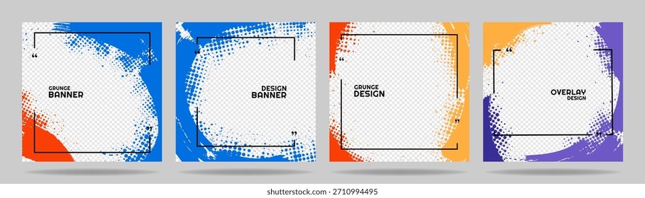 Ilustração vetorial. Quadro de cor abstrata desenhado à mão definido com quadro geométrico. Os traços de pincel de tinta ficam bagunçados com pontos de meio-tom. Design para modelo de mídia social, capa, sobreposição de fotografia, banner da web.