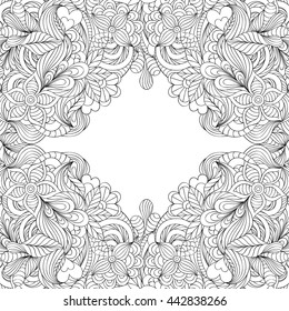 Vector illustration of hand drawn abstract floral frame.Coloring page for adult.