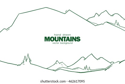 Vector illustration: Hand drawn abstract mountains background with pines for web design. Flat landscape.