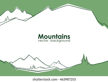 Vector illustration: Hand drawn abstract green mountains background with pines. Flat landscape.