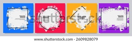 Vector illustration. Hand drawn abstract color overlay set with linear frame. Ink brush strokes mess. Design elements for social media template, web banner, blog post. Paint splatter and halftone dots