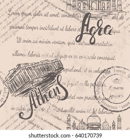 Vector illustration, hand drawn Acropolis of Athens, lettering Athens, Agra label with hand drawn the Taj Mahal, lettering Agra, faded text on beige background