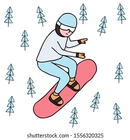 Vector illustration with hand drawn adult snowboarder man in the mountains. Winter active lifestyle. Extreme sport season. Print design for poster, banner, wall decoration for snowboard school. 