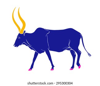 Vector illustration of hand drawn african cow watusi walking on the ground, side view. Colorful drawing of beautiful horned animal that symbolizes Africa. 