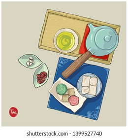 Vector illustration. Hand drawn afternoon tea for asian style. Included teapot, cookies, green tea.