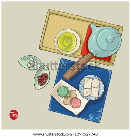 Vector illustration. Hand drawn afternoon tea for asian style. Included teapot, cookies, green tea.