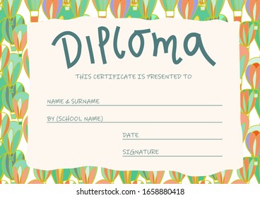 vector illustration with hand drawn air balloon pattern. school or kindergarten diploma or certificate. kids cute frame for your design.