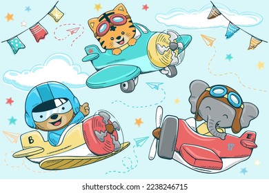 Vector illustration of hand drawn airplane cartoon with funny animals pilot