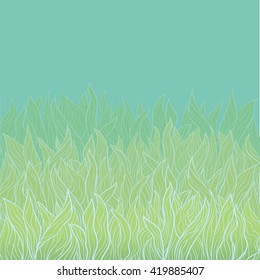  vector Illustration with hand drawn algae.Cute border in marina theme. Clip art for design,card,web-site,background,banners.