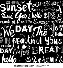 Vector illustration with hand drawn alphabet. Letters written with a brush on black background. Different words on the topic of the summer. Seamless pattern of words.