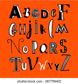 Vector illustration with hand drawn alphabet. Letters written with a brush on orange background. The letters in different styles.