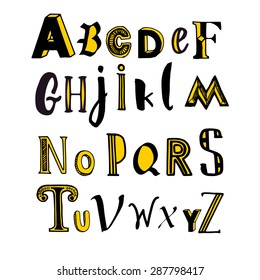 Vector illustration with hand drawn alphabet. Letters written with a brush on orange background. The letters in different styles.