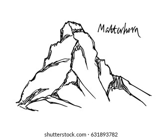 Vector illustration of hand drawn Alpine peak Matterhorn. Ink drawing, graphic style. Perfect for travel, sport or spiritual designs.
