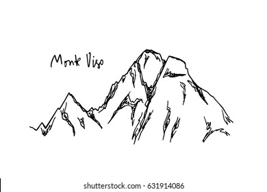 Vector illustration of hand drawn Alpine peak Monte Viso. Ink drawing, graphic style. Perfect for travel, sport or spiritual designs.