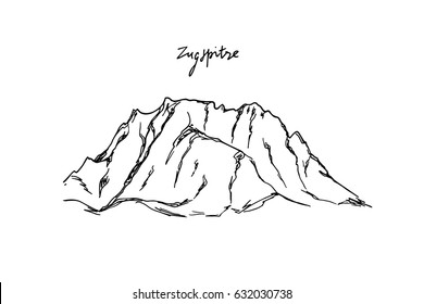 Vector illustration of hand drawn Alpine peak Zugspitze. Ink drawing, graphic style. Perfect for travel, sport or spiritual designs.