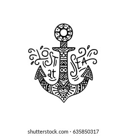 Vector illustration of a hand drawn anchor. Ornamental anchor with hand written lettering Lost at sea