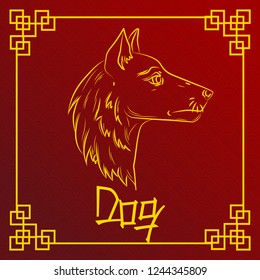 Vector illustration of hand drawn animals. Sign of chinese horoscope. Yellow outlined dog head on red background with asian pattern in geometric oriental border. Symbol of the year