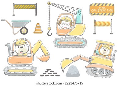 Vector illustration of hand drawn animals cartoon on construction vehicles, set of construction sign
