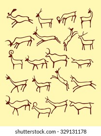 Vector Illustration Of Hand Drawn Animals Made In Cave Drawings Style. Beautiful Ink Drawing.