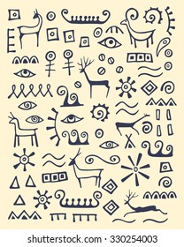 Vector illustration of hand drawn animals and abstract elements made in cave drawings style. Beautiful ink drawing.