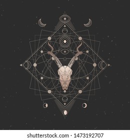 Vector illustration with hand drawn Antelope skull and Sacred geometric symbol on black vintage background. Abstract mystic sign. Gold linear shape. For you design and magic craft.