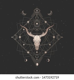 Vector illustration with hand drawn Antelope skull and Sacred geometric symbol on black vintage background. Abstract mystic sign. Gold linear shape. For you design and magic craft.