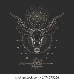 Vector illustration with hand drawn Antelope skull and Sacred geometric symbol on black vintage background. Abstract mystic sign. Gold linear shape. For you design and magic craft.