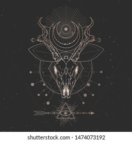 Vector illustration with hand drawn Antelope skull and Sacred geometric symbol on black vintage background. Abstract mystic sign. Gold linear shape. For you design and magic craft.