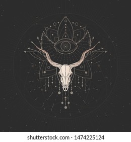 Vector illustration with hand drawn Antelope skull and Sacred geometric symbol on black vintage background. Abstract mystic sign. Gold linear shape. For you design and magic craft.