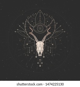 Vector illustration with hand drawn Antelope skull and Sacred geometric symbol on black vintage background. Abstract mystic sign. Gold linear shape. For you design and magic craft.