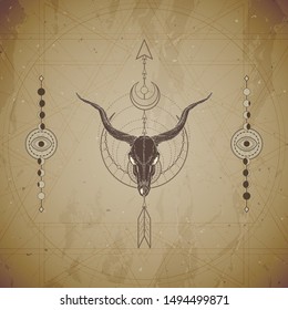 Vector illustration with hand drawn antelope skull and Sacred geometric symbol on vintage paper background. Abstract mystic sign. Sepia linear shape. For you design or magic craft.