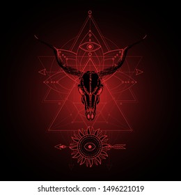 Vector illustration with hand drawn antelope skull and Sacred geometric symbol on black background. Abstract mystic sign. Red linear shape. For you design, tattoo or magic craft.