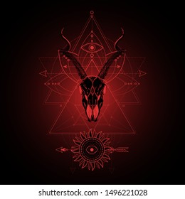 Vector illustration with hand drawn antelope skull and Sacred geometric symbol on black background. Abstract mystic sign. Red linear shape. For you design, tattoo or magic craft.
