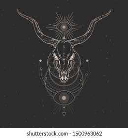 Vector illustration with hand drawn Antelope skull and Sacred geometric symbol on black vintage background. Abstract mystic sign. Gold linear shape. For you design and magic craft.