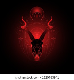 Vector illustration with hand drawn antelope skull and Sacred geometric symbol on black background. Abstract mystic sign. Red linear shape. For you design, tattoo or magic craft.