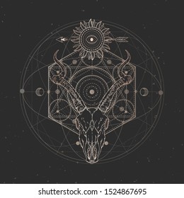 Vector illustration with hand drawn Antelope skull and Sacred geometric symbol on black vintage background. Abstract mystic sign. Gold linear shape. For you design and magic craft.