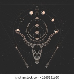 Vector illustration with hand drawn Antelope skull and Sacred geometric symbol on black vintage background. Abstract mystic sign. Gold linear shape. For you design and magic craft.