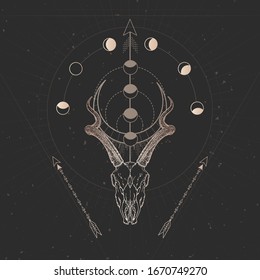 Vector illustration with hand drawn Antelope skull and Sacred geometric symbol on black vintage background. Abstract mystic sign. Gold linear shape. For you design and magic craft.