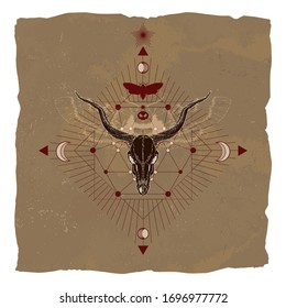 Vector illustration with hand drawn antelope skull, dead head moth and Geometric symbol on vintage paper background with torn edges. Image in sepia  and red color. 